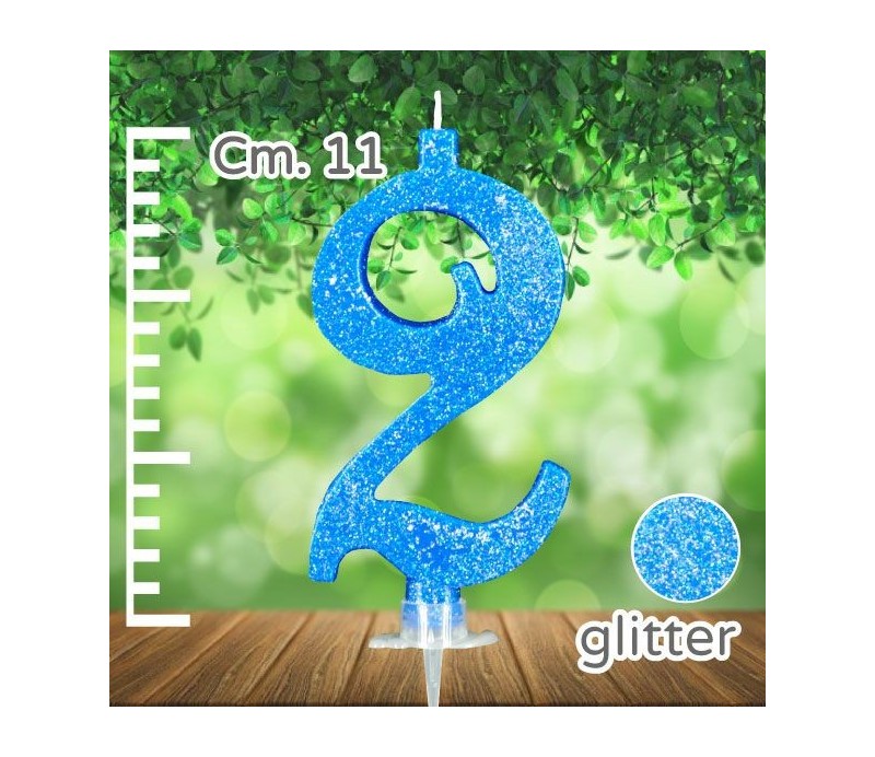 Candelina N° 2  Azzurro  Glitter. 11 Cm.
