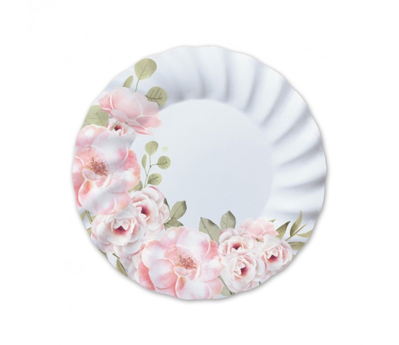 Piatto Grande Decorazione Floreale Rosa e Verde 25 cm 8 Pz