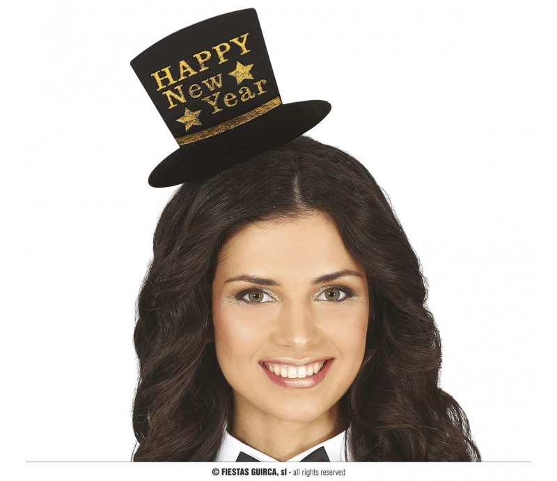 Cerchietto Happy New Year nero con stampa oro forma di cappello