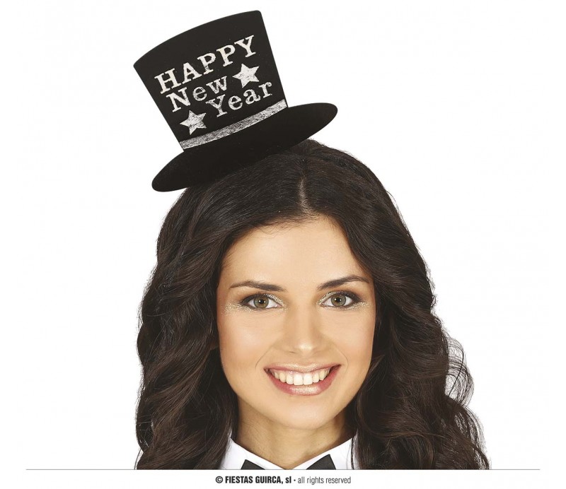 Cerchietto Happy New Year nero con stampa argento forma di cappello