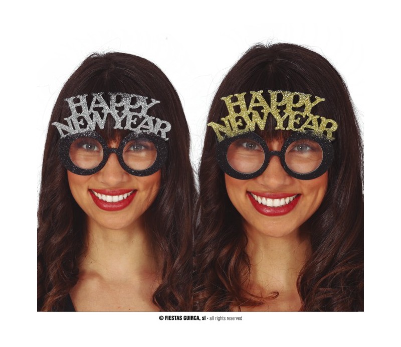 Occhiale nero con glitter Happy New Year oro o argento