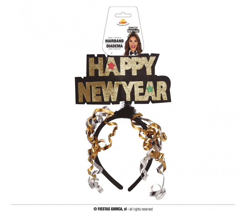 Cerchietto Happy New Year nero con stampa oro o argento con molla e nastro