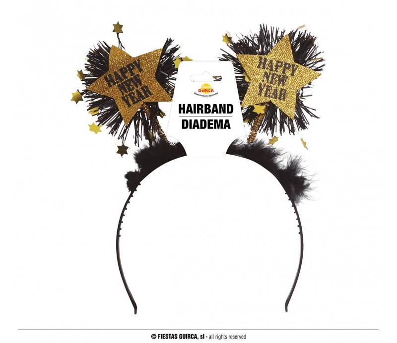 Cerchietto Happy New Year nero con stampa oro o argento con stella