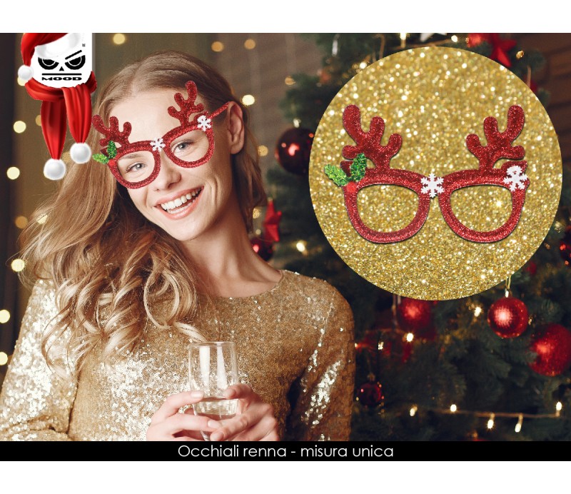 Occhiale natalizio forma di renna rossa glitter