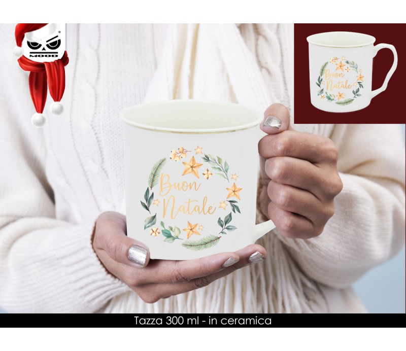 Tazza in ceramica con bordino oro e scritta BuonNatale H9,5cm