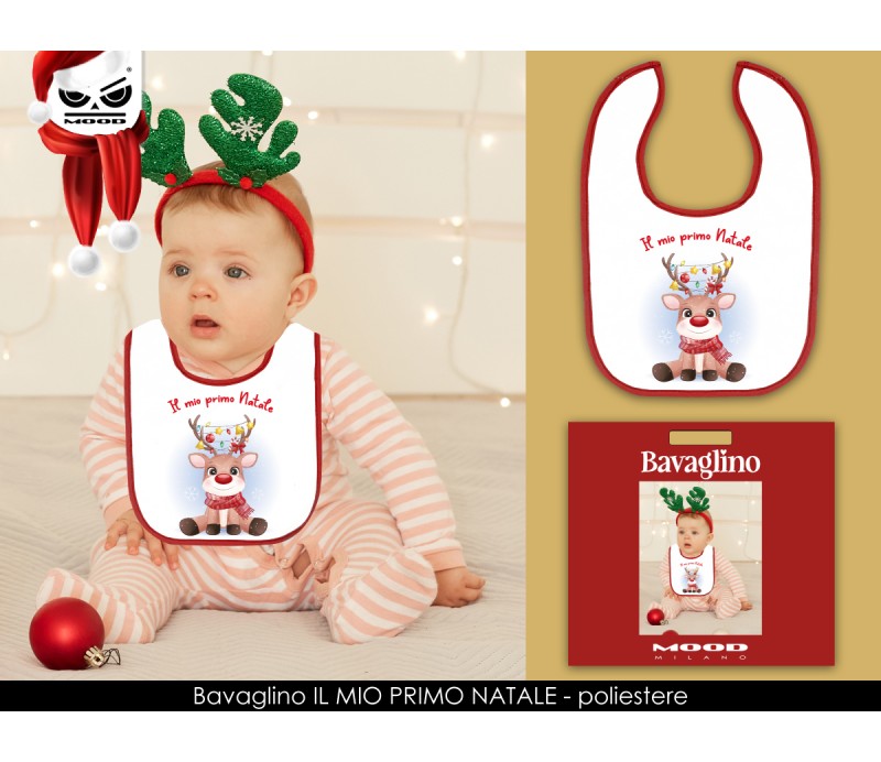 Bavaglino con frase Il Mio Primo Natale e simpatica renna materiale polyester con scatola regalo