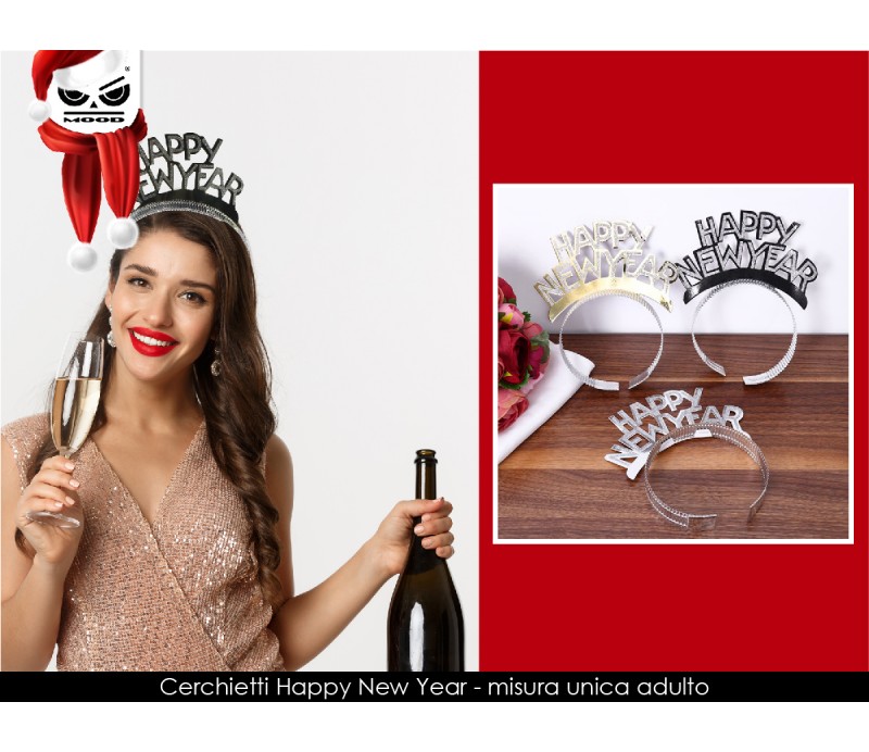 Cerchietto Happy New Year flessibile con glitter Vari Colori 6Pz