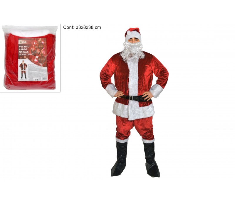 Vestito di Babbo Natale in poliestere effetto Velluto deluxe comprende cappellino, giacca, pantalone, cintura, copri scarpe, bar
