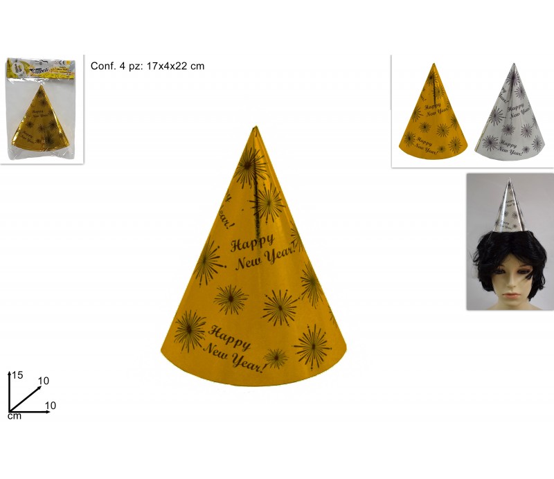 Cappello Happy New Year 4 pz 2 colori Argento e Oro buste separate