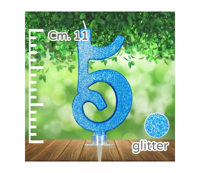 Candelina N° 5  Azzurro  Glitter. 11 Cm.