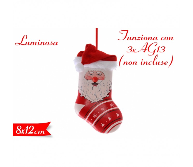 Pendaglio Babbo Natale in plastica con cappello in stoffa e luci a led 8x3x12.5cm , decorazioni Natale
