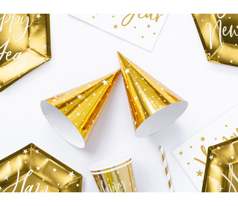 Cappellino in carta con elastico oro con stelle 16cm 6pz, decorazioni feste di compleanno e capodanno, addobbi oro per feste