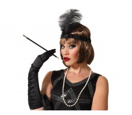 Kit 3 accessori charleston, fascia nera con paillette e piuma, collana lunga perle bianche e bocchino, kit accessori charleston