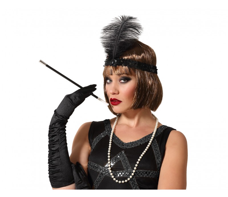 Kit 3 accessori charleston, fascia nera con paillette e piuma, collana lunga perle bianche e bocchino, kit accessori charleston