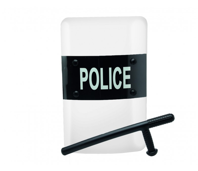 Kit Scudo e manganello Polizia, scudo 44x28cm in plexiglass rigido e manganello in plastica dura, accessori carnevale polizia