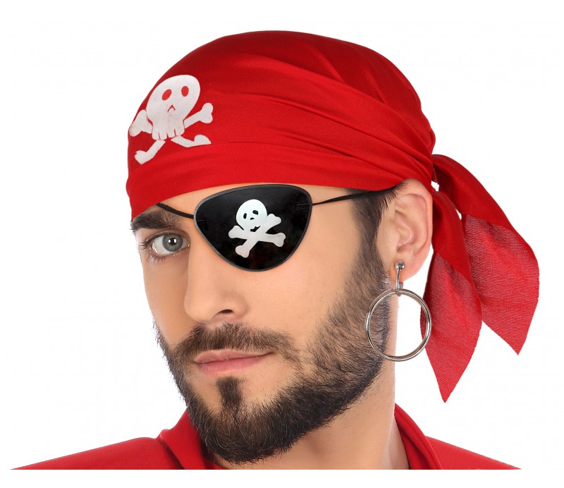 Set Pirata 3 pezzi, bamndana rossa con treschio, orecchino a cerchio oro e benda occhio nera con teschio, accessori carnevale