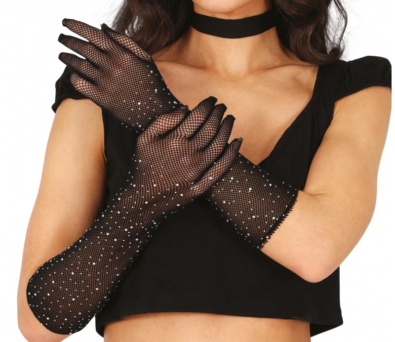 Guanti neri a rete con stras 30cm, guanti con stras accessori per costume di carnevale guanti neri lunghi con stras