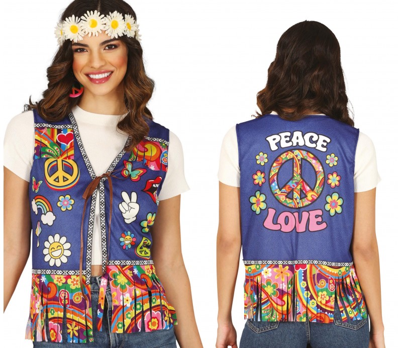 Gilet Hippie colorato con frange e simboli di pace, gilet colorato hippie, costume hippie gilet con frange