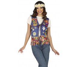 Gilet Hippie colorato con frange e simboli di pace, gilet colorato hippie, costume hippie gilet con frange