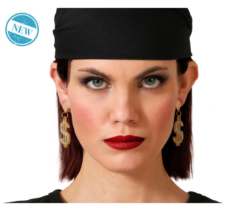 Orecchini con dollaro oro con stras argento, accessori carnevale orecchini $ oro e argento, orecchini luccicanti dollaro