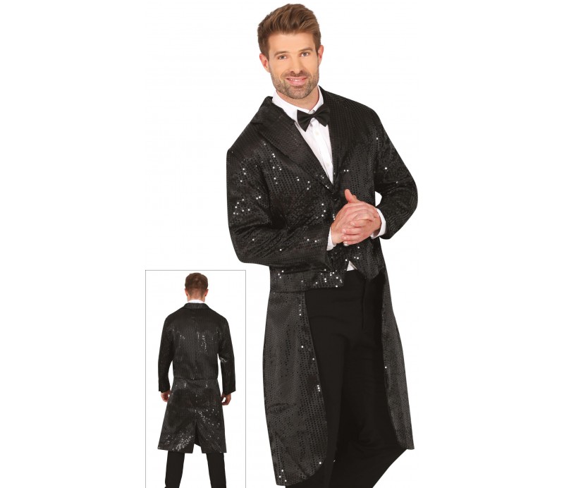 Giacca Frac elegante nera con paillet neri e bottoni, giacca elegante frac uomo nera paillettes