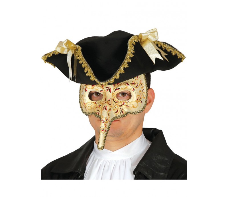 Maschera veneziana con naso lungo decorata nera rossa e oro con passamaneria oro, maschera veneziana elegante