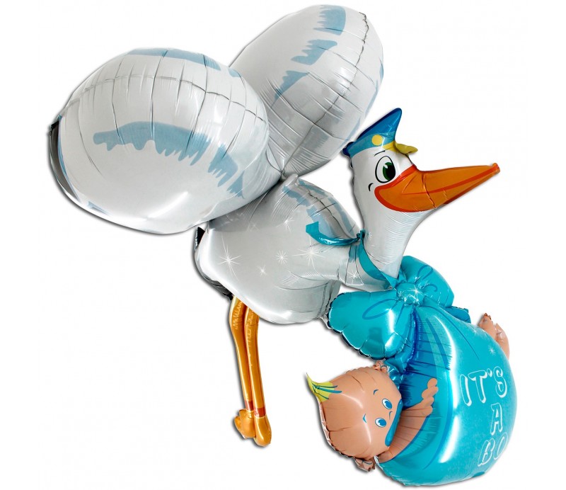 Palloncino Mylar 3 e 4 D 157+66cm cicogna celeste nascita bimbo